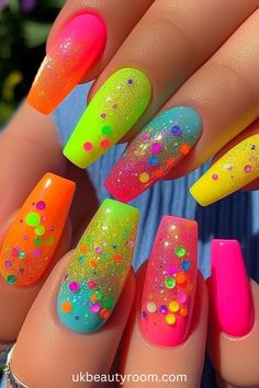 39 Bright Nails to Flaunt this Summer Season! Neon Sparkle Nails, Glitter Nail Design Ideas, Bright Glitter Nails, Nail Art Summer 2024, Summer Nails Colorful, Vibrant Summer Nails, Rainbow Nails Design, Neon Nail Designs