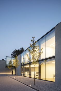 an empty building with glass walls and trees on the sidewalk in front of it at dusk