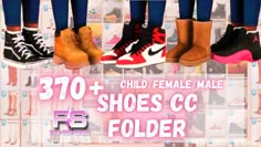 four pairs of shoes with different colors and sizes in front of an advertisement for children's female male footwear