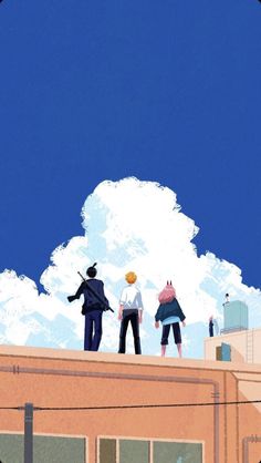 three people standing on top of a building under a blue sky with clouds in the background