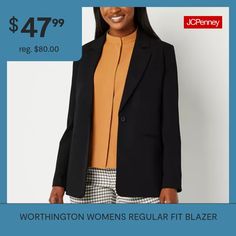 The tailoring of this Worthington women's blazer is the ultimate layering piece to wear over blouses with dress pants or for a casual look paired with a t-shirt and jeans. Made from a smooth stretch-woven fabric, its single-breasted design is fully lined and cut for a regular-fit with notch lapels and side slit pockets.Front Style: Single BreastedFeatures: Fully LinedClosure Type: ButtonFit: Regular FitPockets: 2 Front Slip PocketsSleeve Length: Long SleeveApparel Length: 28 InchesFiber Content… Fitted Blazer, T Shirt And Jeans, Blazer Black, Breasted Blazer, Double Breasted Blazer, Black Blazers, Layering Pieces, Single Breasted, Dress Pants