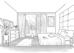 a drawing of a bedroom with a bed, dressers and television in the corner