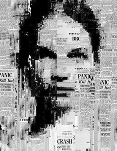 a man's face made out of newspapers and newspaper clippings in black and white