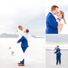 a bride and groom kissing in the desert