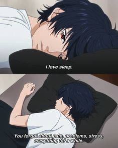 two anime characters laying in bed with the caption i love sleep