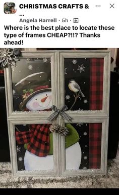 an old window has been decorated with snowmen and plaid fabric for the holiday season