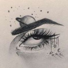 a pencil drawing of an eye with stars on it