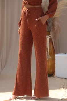 Rust Drawstring Tie Long Pant - STYLED BY ALX COUTUREOutfit Sets Relaxed Fit Bottoms With Drawstring For Fall, Stretch Wide Leg Pants For Lounging In Fall, Fall Solid Color Wide Leg Lounging Pants, Solid Wide Leg Pants For Fall Lounging, Fall Wide Leg Pants For Lounging, Full Length Lounge Pants With Drawstring, Full Length Drawstring Pants For Lounging, Fall Lounging Wide Leg Pants, Full-length Drawstring Lounging Pants