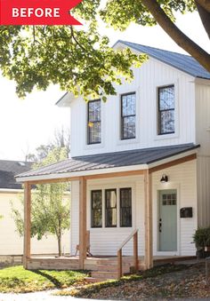 a white house with two windows and a porch