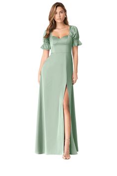 Let your bridal party be cutesy and playful while wearing our all stretch satin bridesmaid dress, Harlie. Her sweetheart neckline is framed with gathered short puff sleeves that cinch ever so slightly at the bicep. The back has delicate gathering detail along the zipper while the A-line skirt fashions a front side slit. Pink Brides Maid Dresses, Bridesmaid Dresses Satin, Long Sleeve Bridesmaid Dress, Stretch Satin Dress, Fall Bridesmaid Dresses, Bridal Party Outfit, Azazie Bridesmaid Dresses, Green Bridesmaid Dresses, Long Bridesmaid Dress