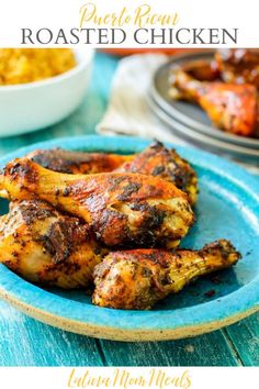 grilled chicken on a blue plate with other dishes in the background and text overlay