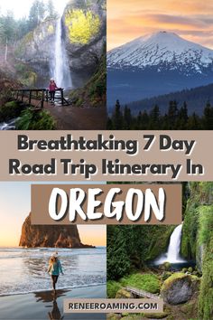 Photo collage of different places in Oregon featuring a mountain view, waterfalls, and the Oregon coast. Linked to a travel guide featuring a breathtaking 7 day road trip itinerary in Oregon. California To Oregon Road Trip, Oregon Road Trip Itinerary, Oregon Washington Road Trip, Neskowin Oregon, Pnw Trip, Scenic Mountains