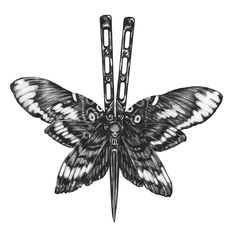 a black and white drawing of a butterfly with two crossed swords in it's wings