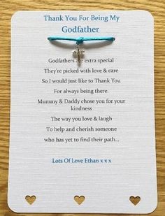 a card with a dragonfly attached to it's back and the words thank you for being my godfather