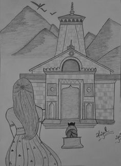 a drawing of a girl looking at a church