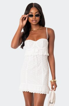 Floral eyelet embroidery adds airy charm to this leggy cotton dress detailed with structured cups and cutesy ruffle trim. Sweetheart neck Adjustable straps 100% cotton Machine wash, dry flat Imported Alabama Outfits, Cute Dresses For Dances, White Summer Outfits, Cotton Mini Dress, Swimwear Dress, Grad Dresses, Senior Photo, White Dresses, Metallic Dress