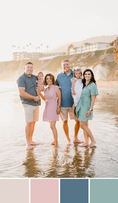 a family standing on the beach with their arms around each other and color swatches