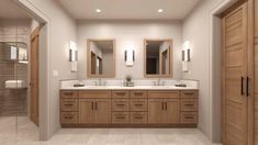 a large bathroom with double sinks, mirrors and wooden cabinetry on the side wall