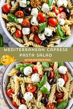 two bowls filled with pasta salad and topped with mozzarella cheese, tomatoes, olives, basil leaves