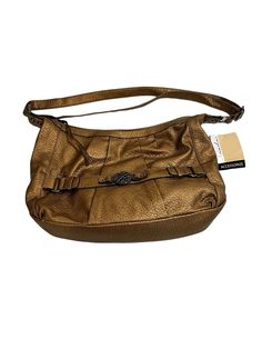 Add a touch of boho chic to your outfit with this large Strada shoulder bag. The gold tone faux leather exterior is accented with bronze details, giving it a unique and stylish look. The bag features a zip closure and a shoulder strap for easy carrying. The interior is lined with black fabric and has enough space for all your essentials. The bag measures 16x10x3 inches, making it a perfect accessory for any occasion. Whether you're running errands or going out for a night on the town, this bag is sure to complement your style. Gold Satchel Shoulder Bag With Brass Hardware, Gold Satchel With Brass Hardware, Chic Gold Crossbody Hobo Bag, Gold Satchel With Metal Hardware For Travel, Gold Crossbody Satchel With Brass Hardware, Gold Bucket Shoulder Bag With Gold-tone Hardware, Gold Leather Shoulder Bag With Brass Hardware, Gold Satchel Bag With Gold-tone Hardware, Gold Shoulder Bag With Gold-tone Hardware Satchel