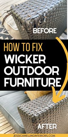 wicker furniture before and after being cleaned with a yellow arrow pointing to the right