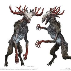 an alien creature with horns and antlers on it's head, standing next to another