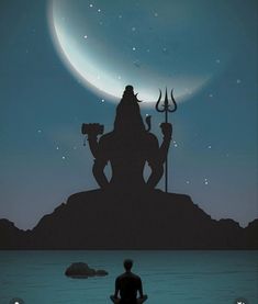 a man sitting on top of a rock next to a body of water under a moon filled sky