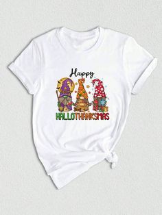 Introducing the Happy Hallothanksmas Shirt, the perfect festive apparel for all your holiday celebrations! This Gnomes T-Shirt combines the spirit of Thanksgiving, Christmas, and Halloween into one stylish design. With adorable Christmas gnomes and a touch of Halloween charm, this shirt is a must-have for anyone who loves the holiday season. Whether you're attending a Thanksgiving feast, trick-or-treating, or spreading Christmas cheer, this shirt will keep you looking festive and fabulous. Get ready to embrace the joy of Hallothanksmas with this unique and fun shirt!Happy Hallothanksmas Shirt, Gnomes T-Shirt, Thanksgiving Apparel, Christmas Gnomes Shirt, Halloween Gnome Shirt White Casual  Short Sleeve  Animal,Cartoon,Christmas,Colorblock,Figure,Geometric,Graphic,Letter,Striped,Plants,Slog Hallothanksmas Shirt, Spreading Christmas Cheer, Gnome Shirt, Christmas And Halloween, Happy Hallothanksmas, Halloween Gnome, Cartoon Christmas, Halloween Charms, Fun Shirt