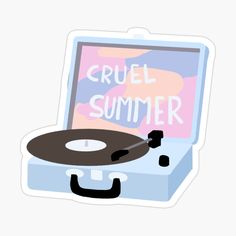 a vinyl record player with the words cruel summer on it sticker in front of an open suitcase