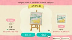 an animal crossing game screen with the colors swatches on it's easel