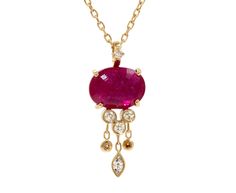 Playful and distinctive, this Celine Daoust necklace has a modern, style defining presence. The 14K yellow gold pendant is set with a deep red ruby. Hanging from the bottom of the pendant are 14K yellow gold diamond drops, creating a pendant with the perfect amount of movement that is reminiscent of a jelly fish. total length : 16 1/2" : 14K yellow gold14K yellow gold pendant : 5/16" x 3/4"ruby : 8mm x 6mmdiamonds : vary : 1mm diameter to 1.5mm x 2.5mm each14K yellow gold spring ring clasp closu Fine Jewelry Ruby Briolette Necklace, Ruby Briolette Fine Jewelry Necklace, Ruby Briolette Necklace In Fine Jewelry Style, Elegant Red Necklace With Detachable Pendant, Luxury Red Oval Pendant Necklace, Fine Jewelry Ruby Drop Necklace, Fine Jewelry Ruby Drop Necklaces, Fine Jewelry Ruby Oval Pendant Necklace, Ruby Oval Pendant Fine Jewelry Necklace