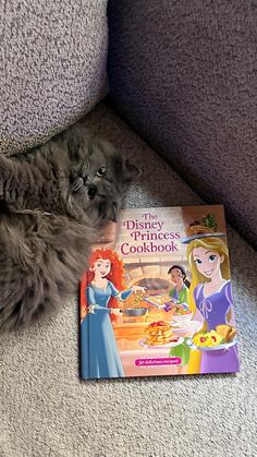 a cat laying on the floor next to a disney princess cookbook