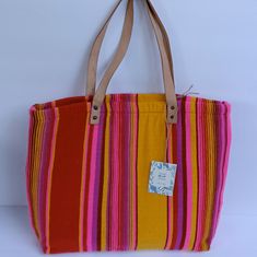 New With Tags Rough Wove Textile Bag Handmade In Cabo Natural Leather Straps Red Rectangular Beach Bag With Adjustable Strap, Yellow Bohemian Shoulder Bag For Shopping, Bohemian Yellow Bags For Shopping, Yellow Bohemian Shopping Bag, Multicolor Everyday Pouch Beach Bag, Multicolor Everyday Beach Bag Pouch, Vibrant Multicolor Bags For Everyday Use, Colorful Vibrant Travel Bags, Vibrant Rectangular Summer Bags