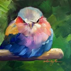 a painting of a colorful bird sitting on a branch