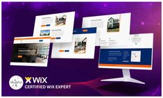 three computer screens displaying different types of webpages on purple and orange background with the words wx certified expert above them