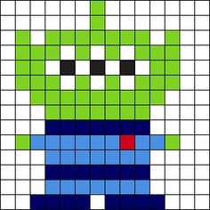 an image of a cross stitch pattern that looks like a green alien with black eyes