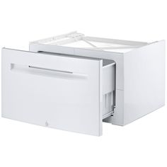 a white dishwasher sitting on top of a counter next to an open drawer