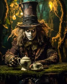 a man dressed as the mad hatter sitting at a table with a tea cup