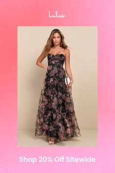 You'll feel more than inclined to dance the night away in the Lulus Exclusive Glamour Black Floral Organza Tiered Maxi Dress! This gorgeous dress has a gauzy woven organza composition (with a romantic floral print and subtle sheen throughout) that shapes adjustable spaghetti straps that support a lovely sweetheart neckline and a princess-seamed bodice with supportive boning at the back. The high, fitted waist tops a tiered, A-line skirt that cascades down to a sweeping maxi hem. Hidden back zipper/clasp. Fit: This garment fits true to size. Length: Floor length. Size medium measures 54" from adjustable straps to hem. Bust: Great for any cup size. Waist: Fitted - very fitted at natural waist. Hip: Not Fitted - room for hips. Undergarments: May be worn with a strapless bra, adhesive bra, pet Evening Organza Maxi Dress With Floral Print, Floral Print Organza Prom Dress, Floral Print Organza Dresses For Prom, Organza Floral Print Prom Dresses, Organza Prom Dress With Floral Print, Organza Dress With Floral Print For Evening, Formal Floral Print Organza Dress, Formal Floral Organza Dress, Elegant Organza Maxi Dress With Floral Print