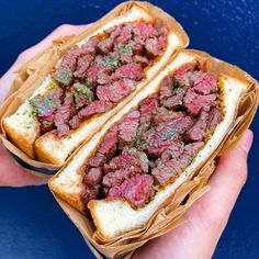 a hand holding a sandwich with meat and herbs on it in brown paper wrappers