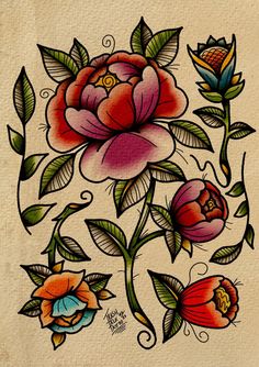 an old school tattoo design with flowers and leaves