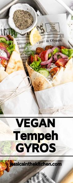 vegan - tempeh gyros are packed with vegetables and meats