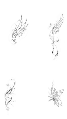 four different types of tattoos on a white background, one with wings and the other with swirls