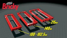 three red metal parts are shown with the words bricky on it and below them