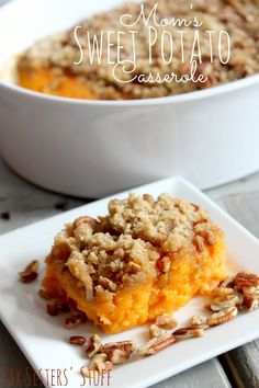 a close up of a plate of food with a casserole in the background