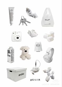 an assortment of items are shown in white