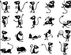 the silhouettes of various cartoon animals are shown in this black and white photo,