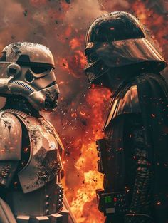 two star wars characters standing next to each other in front of a large fire filled sky