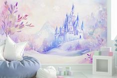 a child's bedroom decorated in pink and purple with a castle mural on the wall