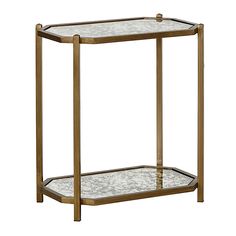 a gold metal and glass shelf with two shelves on one side, the top half is open